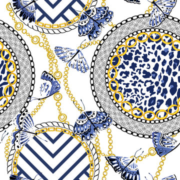 Chain seamless pattern with leopard skin elements and butterflies. Animal print. Baroque trend. Vector illustration