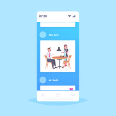 waitress taking order from businessman visitor cafe worker in apron serving drinks to man having break coffee point concept smartphone screen mobile app flat full length