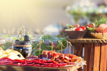 Antipasto catering platter with salami and cheese on a wooden background at synny day, copy space
