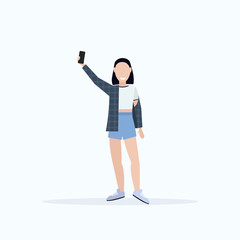 brunette woman taking selfie photo on smartphone camera casual female cartoon character posing white background flat full length