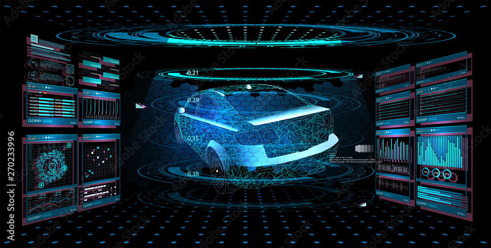 Fototapete Modern Design car service in style HUD UI GUI. Diagnostic auto infographic. Virtual graphical interface  auto scanning, analysis and diagnostics, autoscann.  Hologram of the car. Vector illustration.