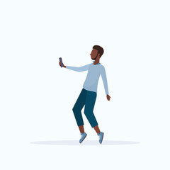 man taking selfie photo on smartphone camera african american male cartoon character posing white background flat full length