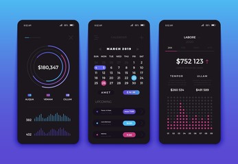 Mobile app interface screen design. Set of different UI, UX, GUI screens and web icons for mobile apps and responsive website. Mobile applications with charts, statistic and calendar