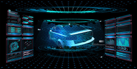 Modern Design car service in style HUD UI GUI. Diagnostic auto infographic. Virtual graphical interface  auto scanning, analysis and diagnostics, autoscann.  Hologram of the car. Vector illustration.