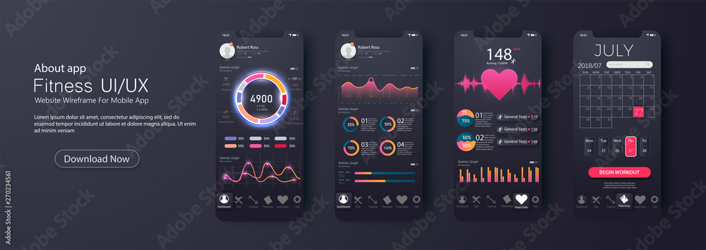 Poster different ui, ux, gui screens fitness app and flat web icons for mobile apps, responsive website inc