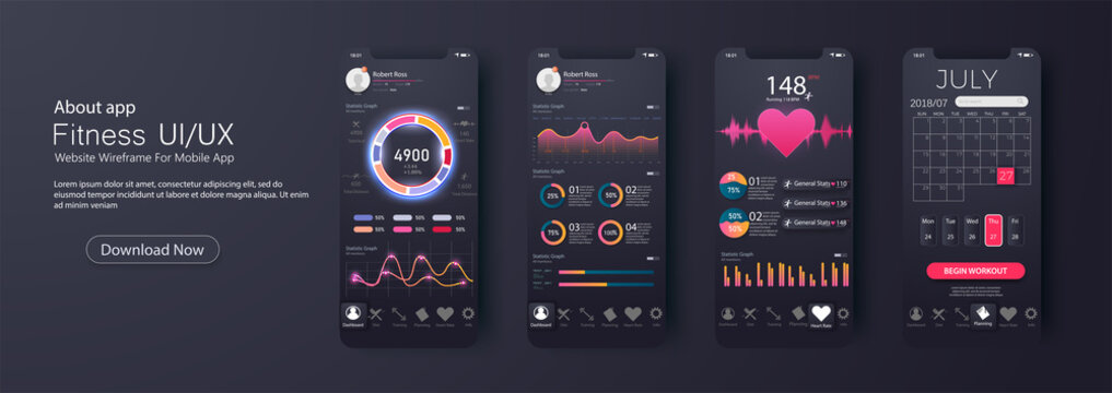 Different UI, UX, GUI screens fitness app and flat web icons for mobile apps, responsive website including. Web design and mobile template. Fitness Dashboard - stock vector