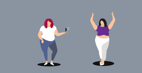 fat woman using smartphone camera girl taking photo of young overweight female model fashion shoot concept sketch doodle horizontal full length