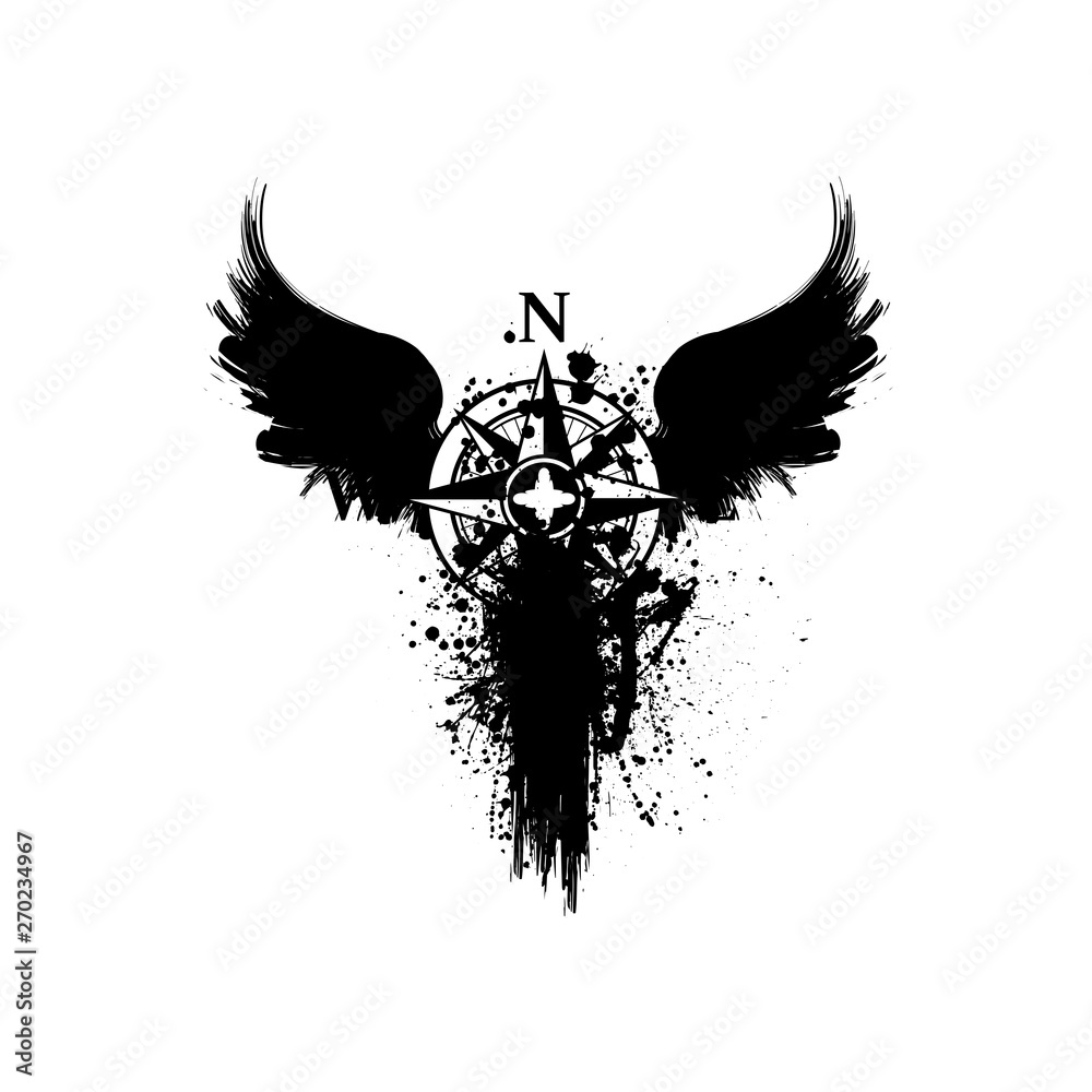 Wall mural Black grunge bird wings silhouettes with ink splash isolated on white background