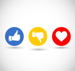 Social media thumbs up, down and heart icon set vector
