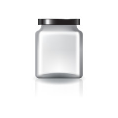 Blank square jar with black lid for supplements or food product. Isolated on white background with reflection shadow. Ready to use for package design. Vector illustration.