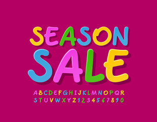 Vector bright banner Season Sale with Uppercase Font. Colorful Handwritten Alphabet Letters and Numbers 