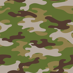 Military camouflage seamless pattern. Khaki texture. Trendy background. Abstract color vector illustration. For design wallpaper, wrapping paper, fabric.