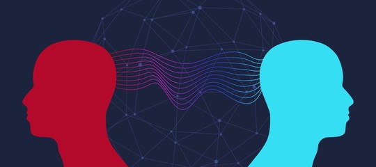 Silhouettes of a connected men head. Mental health relative brochure, report or leaflet design template. Scientific medical designs. Human communication