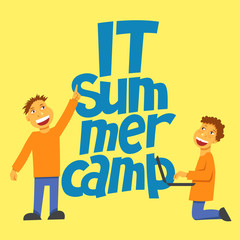 A vector image with a boy and a lettering IT summer camp. A children coding theme isolated text with the programming languages