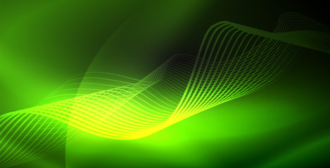 Glowing abstract wave on dark, shiny motion, magic space light. Techno abstract background