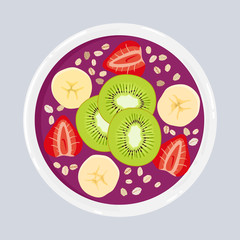 Acai smoothie bowl with kiwi, banana, strawberries and oats, top view. Healthy natural breakfast. Portion of acai smoothie with fruits and berries in a bowl isolated on background. Vector illustration