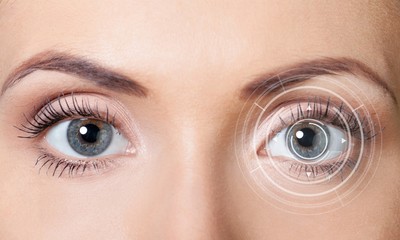 Closeup shot of woman eyes with day makeup. Long eyelashes