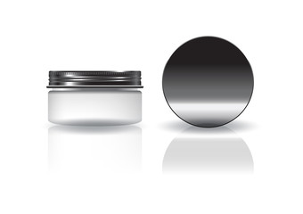 Blank white cosmetic round jar with black lid for beauty product packaging. Isolated on white background with reflection shadow. Ready to use for package design. Vector illustration.