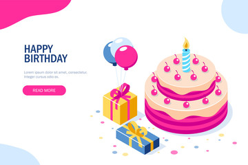 Happy Birthday 3d vector concept. Cake with a candle. Box with gifts and balloons. Can use for web banner, infographics, hero images. Flat isometric vector illustration.