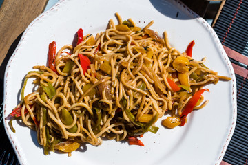 Homemade Noodle with Vegetables in Sunny Day Ready to Eat.