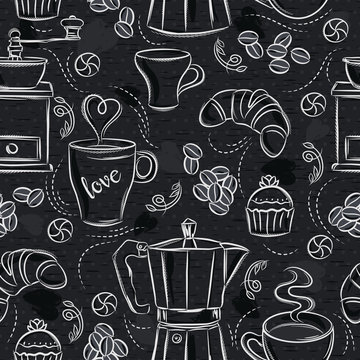 Seamless patterns with coffee set, coffee maker, muffin, cup, flower on black chalkboard. Ideal for printing onto fabric and paper or scrap booking.