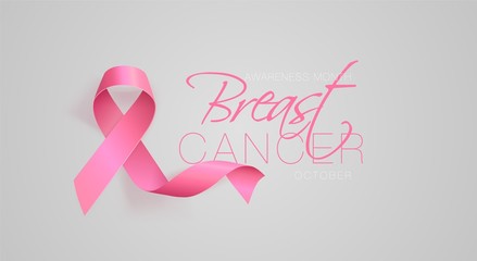 Breast Cancer Awareness Calligraphy Poster Design. Realistic Pink Ribbon. October is Cancer Awareness Month. Vector Illustration