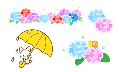 あじさいと黄色い傘をさす猫のイラスト素材