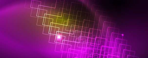 Techno glowing background, futuristic dark template with neon light effects and simple forms, vector