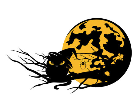 creepy black cat wearing witch hat sitting on tree branch against full moon - halloween vector design