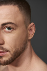 Obraz premium Portrait of handsome bearded young man standing against gray background