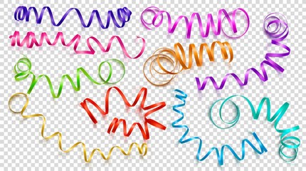 Set of realistic colored ribbons on transparency background. Vector illustration. Can be used for greeting card, holidays, banners, gifts and etc.