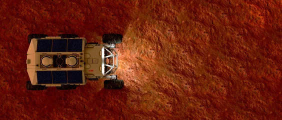 Selbstklebende Fototapeten Rot Lila Extrem detaillierte und realistische hochauflösende 3D-Darstellung eines Mars-Rover-Fahrzeugs, das die Marslandschaft erforscht  © Sasa Kadrijevic