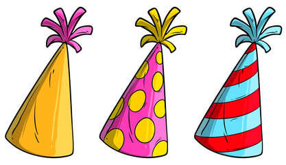 Obraz premium Cartoon colorful holiday cone hats or caps. Isolated on white background. Vector icon set.