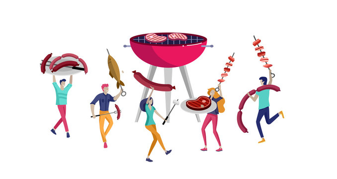People preparing barbecue. BBQ party. People grilling meat. Conceptual Modern and Trendy colorful vector illustration. Web template.