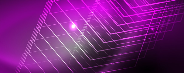 Shiny neon techno template. Neon lines background, 80s style laser rays