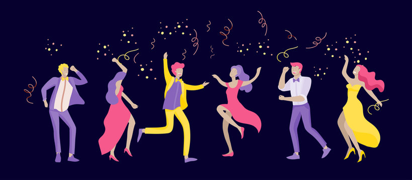 Group of smiling young people or students in evening dresses and tuxedos, happy Jumping and dansing. Prom party, prom night invitation, promenade school dance concept. Vector illustration concept