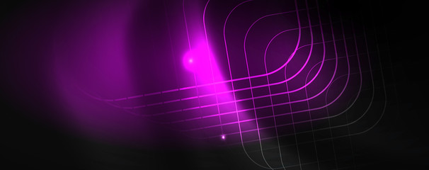 Shiny neon techno template. Neon lines background, 80s style laser rays