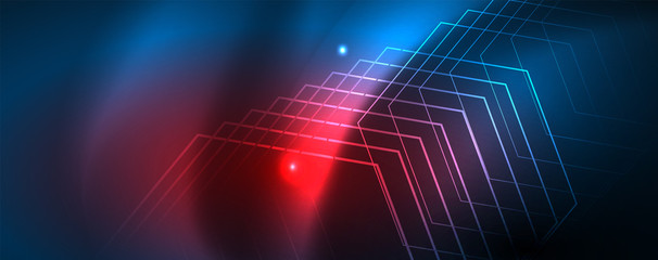 Obraz premium Neon glowing techno lines, hi-tech futuristic abstract background template, vector