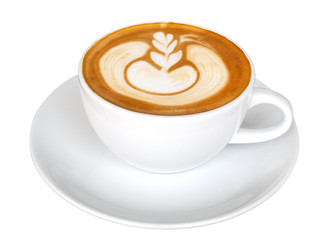 Coffee latte art flower shape foam, hot cappuccino isolated on white background, clipping path