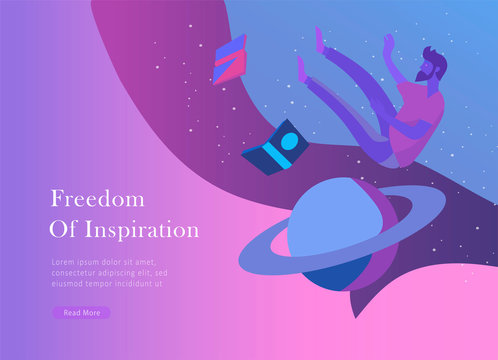landing page templates set. Inspired People flying in space and reading online books. Characters moving and floating in dreams, imagination and freedom inspiration. Flat design, vector illustration.
