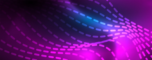 Obraz premium Smooth wave lines on blue neon color light background. Glowing abstract wave on dark, shiny motion, magic space light
