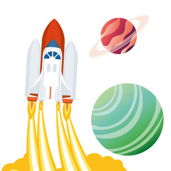 rocket in the space with planets of the solar system