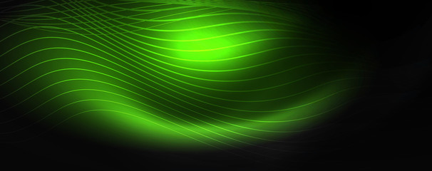 Smoky glowing waves in the dark. Dark abstract background with neon color light and wavy lines. Vector