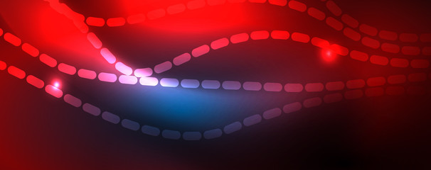 Fototapeta premium Smooth wave lines on blue neon color light background. Glowing abstract wave on dark, shiny motion, magic space light