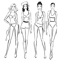 sexy woman in bikini swimsuit. summer beach fashion. Beautiful girls in bathing suits of different types. sketch