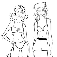 sexy woman in bikini swimsuit. summer beach fashion. Beautiful girls in bathing suits of different types. sketch