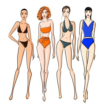 sexy woman in bikini swimsuit. summer beach fashion. Beautiful girls in bathing suits of different types. sketch