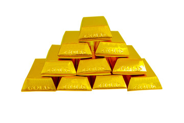 Heap of gold bars isolated on a white background Banking concept.
