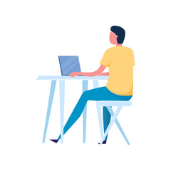 Freelancer young man in blue jeans pants working at laptop