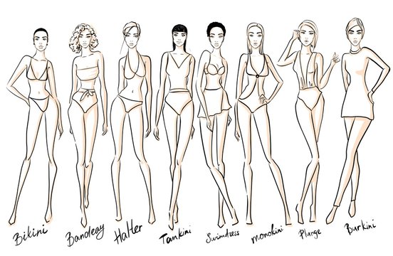 set of female swimsuit illustration. Various types of women beach clothes. Fashion sketch.
